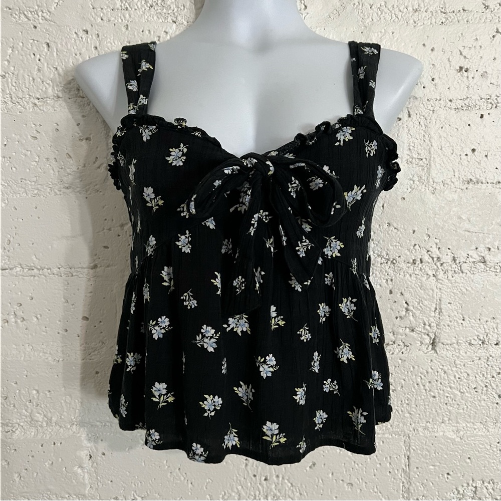 American Eagle Juniors Top S Black Floral Viscose Blend Cropped Adj Straps G9